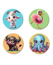 Goat, Flamingo, Buffalo, And Octopus. Fridge Magnets Ã¢â‚¬â€œ 4 Piece Set | 3 Inch Round Wall Fridge Decor (F22922)