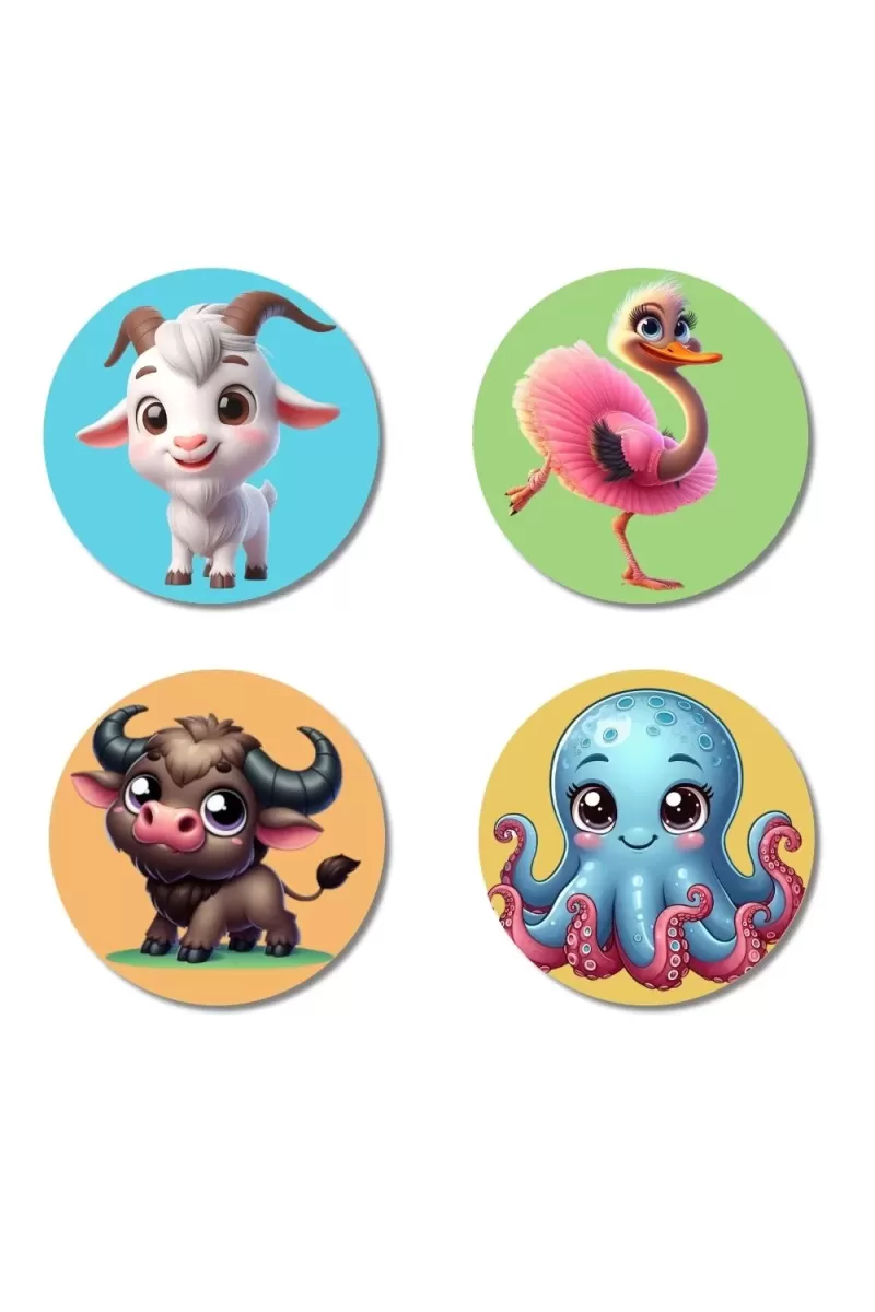 Goat, Flamingo, Buffalo, And Octopus. Fridge Magnets Ã¢â‚¬â€œ 4 Piece Set | 3 Inch Round Wall Fridge Decor (F22922)