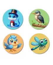 Snake, Kingfisher, Blue Jay, And Dragonfly. Fridge Magnets Ã¢â‚¬â€œ 4 Piece Set | 3 Inch Round Wall Fridge Decor (F22923)