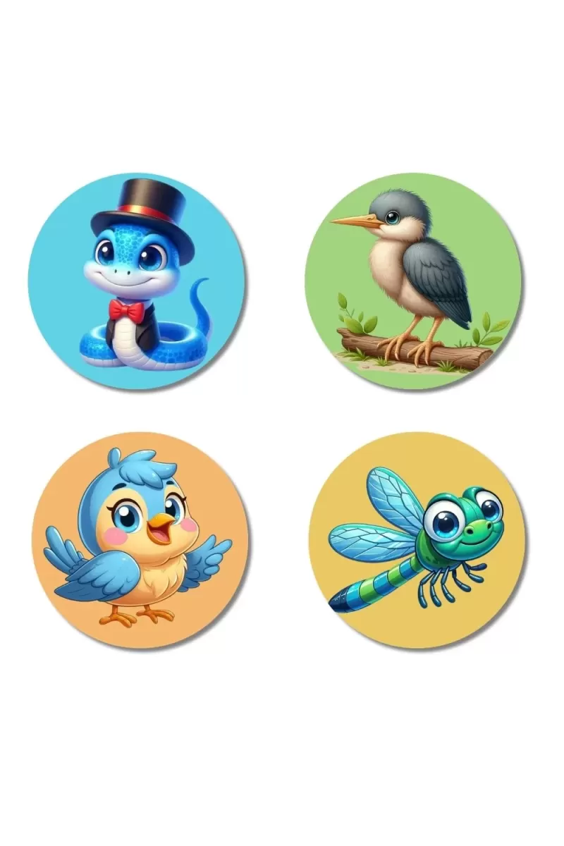 Snake, Kingfisher, Blue Jay, And Dragonfly. Fridge Magnets Ã¢â‚¬â€œ 4 Piece Set | 3 Inch Round Wall Fridge Decor (F22923)