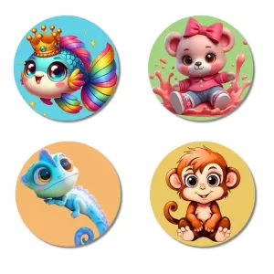 Rainbow Fish, Mouse, Chameleon, And Monkey. Fridge Magnets Ã¢â‚¬â€œ 4 Piece Set | 3 Inch Round Wall Fridge Decor (F22926)