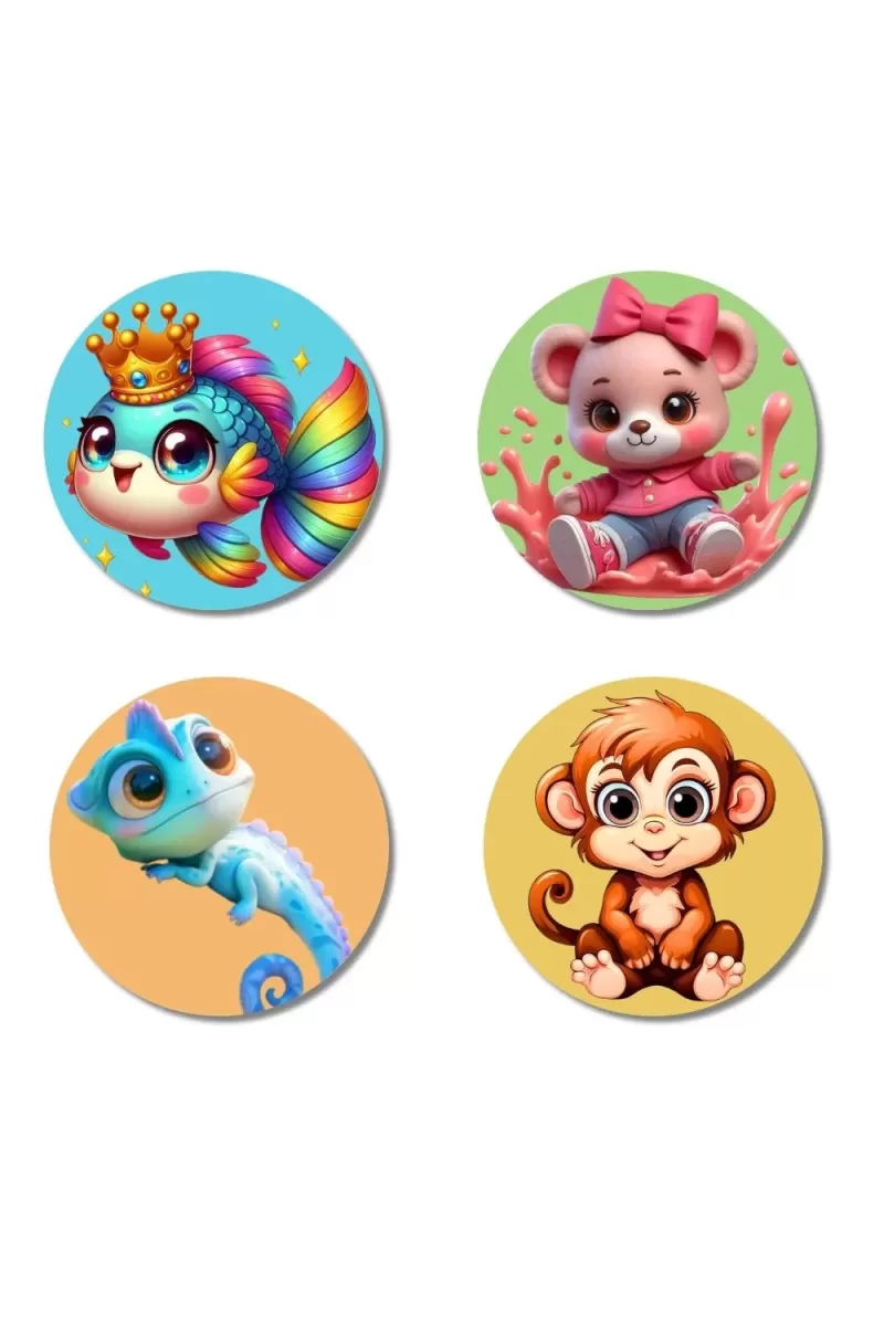 Rainbow Fish, Mouse, Chameleon, And Monkey. Fridge Magnets Ã¢â‚¬â€œ 4 Piece Set | 3 Inch Round Wall Fridge Decor (F22926)
