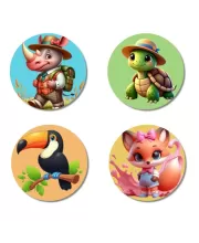 Rhino, Turtle, Toucan, And Fox. Fridge Magnets Ã¢â‚¬â€œ 4 Piece Set | 3 Inch Round Wall Fridge Decor (F22927)