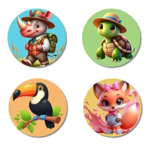 Rhino, Turtle, Toucan, And Fox. Fridge Magnets Ã¢â‚¬â€œ 4 Piece Set | 3 Inch Round Wall Fridge Decor (F22927)