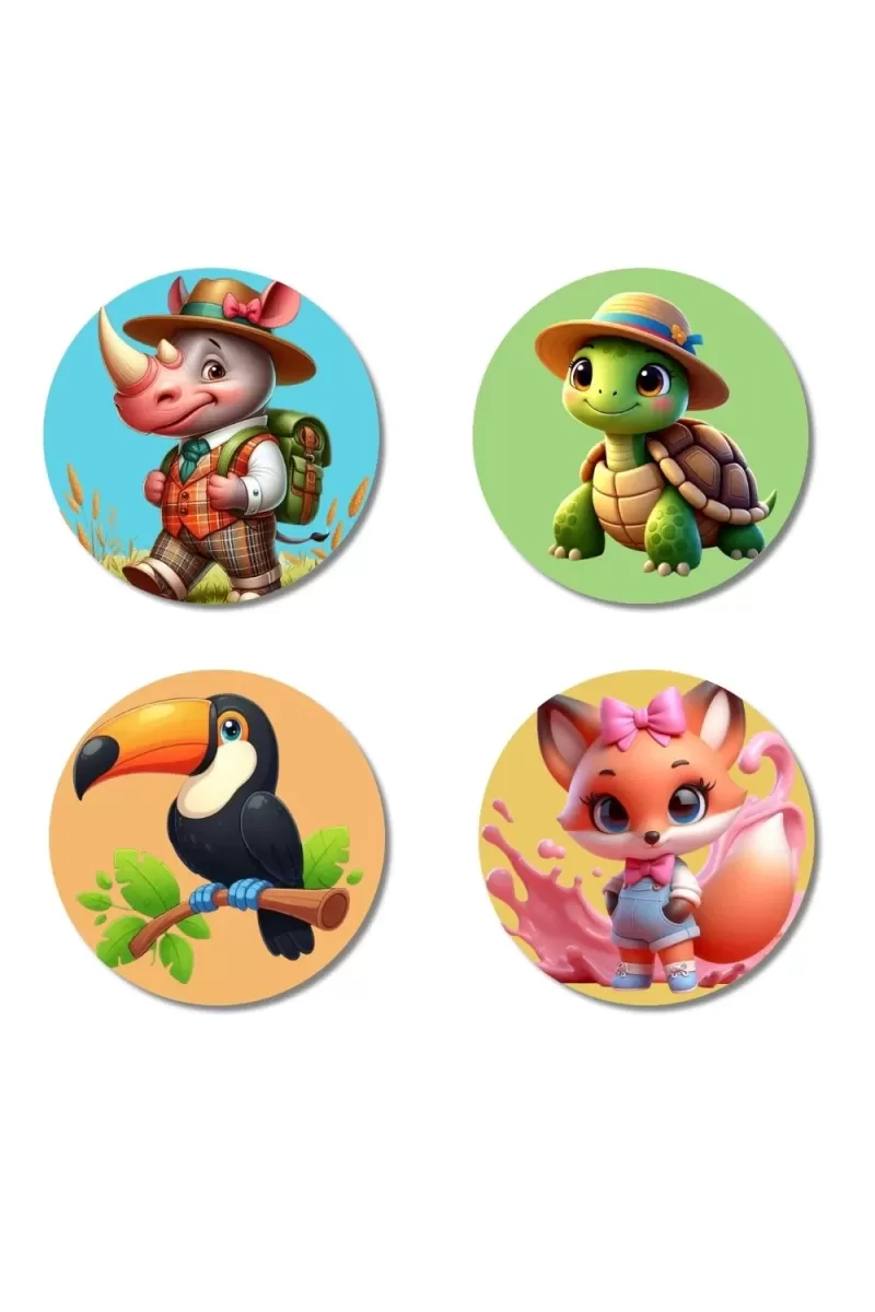 Rhino, Turtle, Toucan, And Fox. Fridge Magnets Ã¢â‚¬â€œ 4 Piece Set | 3 Inch Round Wall Fridge Decor (F22927)