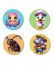 Octopus, Duck, Cockroach, And Hippo. Fridge Magnets Ã¢â‚¬â€œ 4 Piece Set | 3 Inch Round Wall Fridge Decor (F22928)