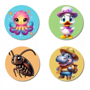 Octopus, Duck, Cockroach, And Hippo. Fridge Magnets Ã¢â‚¬â€œ 4 Piece Set | 3 Inch Round Wall Fridge Decor (F22928)