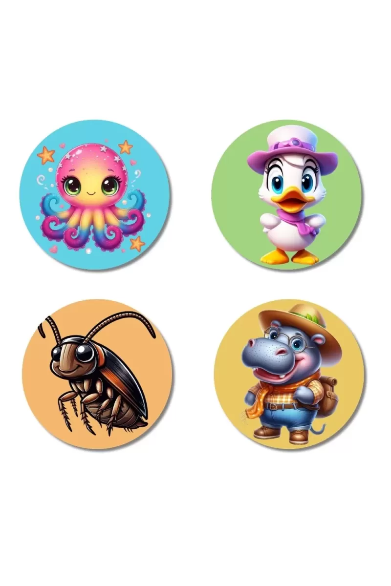 Octopus, Duck, Cockroach, And Hippo. Fridge Magnets Ã¢â‚¬â€œ 4 Piece Set | 3 Inch Round Wall Fridge Decor (F22928)