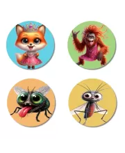 Fox, Orangutan, Housefly, And Mosquito. Fridge Magnets Ã¢â‚¬â€œ 4 Piece Set | 3 Inch Round Wall Fridge Decor (F22929)