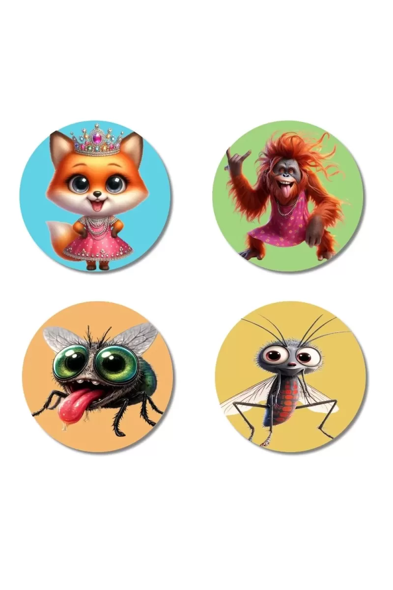 Fox, Orangutan, Housefly, And Mosquito. Fridge Magnets Ã¢â‚¬â€œ 4 Piece Set | 3 Inch Round Wall Fridge Decor (F22929)