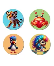 Tiger, Crab, Penguin, And Hedgehog. Fridge Magnets Ã¢â‚¬â€œ 4 Piece Set | 3 Inch Round Wall Fridge Decor (F22930)