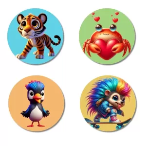 Tiger, Crab, Penguin, And Hedgehog. Fridge Magnets – 4 Piece Set | 3 Inch Round Wall Fridge Decor (F22930) Tiger, Crab, Penguin, And Hedgehog. Fridge Magnets – 4 Piece Set | 3 Inch Round Wall Fridge Decor (F22930)