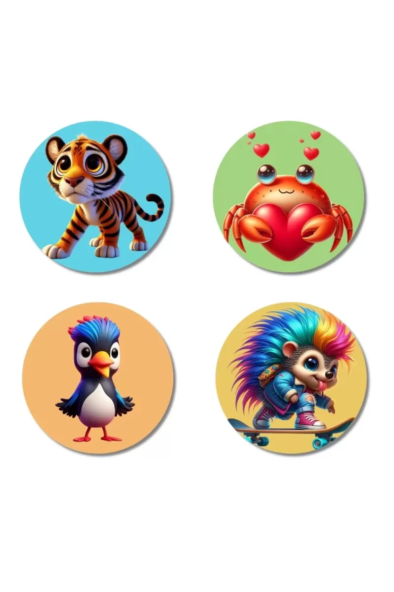 Tiger, Crab, Penguin, And Hedgehog. Fridge Magnets Ã¢â‚¬â€œ 4 Piece Set | 3 Inch Round Wall Fridge Decor (F22930)