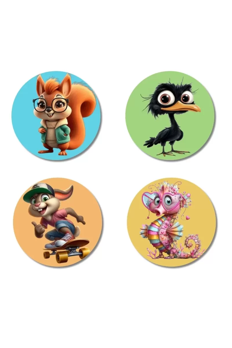 Squirrel, Ostrich, Rabbit, And Seahorse. Fridge Magnets Ã¢â‚¬â€œ 4 Piece Set | 3 Inch Round Wall Fridge Decor (F22932)