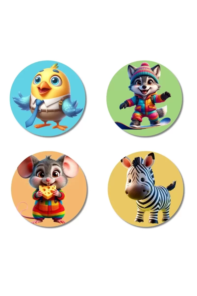 Chick, Wolf, Mouse, And Zebra. Fridge Magnets Ã¢â‚¬â€œ 4 Piece Set | 3 Inch Round Wall Fridge Decor (F22933)