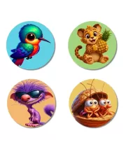 Hummingbird, Leopard, Purple Creature, And Hermit Crabs. Fridge Magnets Ã¢â‚¬â€œ 4 Piece Set | 3 Inch Round Wall Fridge Decor (F22937)