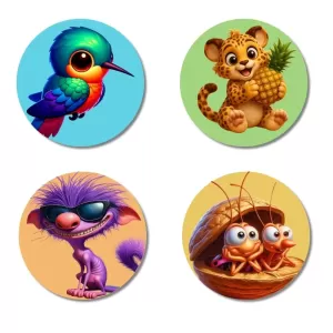 Hummingbird, Leopard, Purple Creature, And Hermit Crabs. Fridge Magnets Ã¢â‚¬â€œ 4 Piece Set | 3 Inch Round Wall Fridge Decor (F22937)