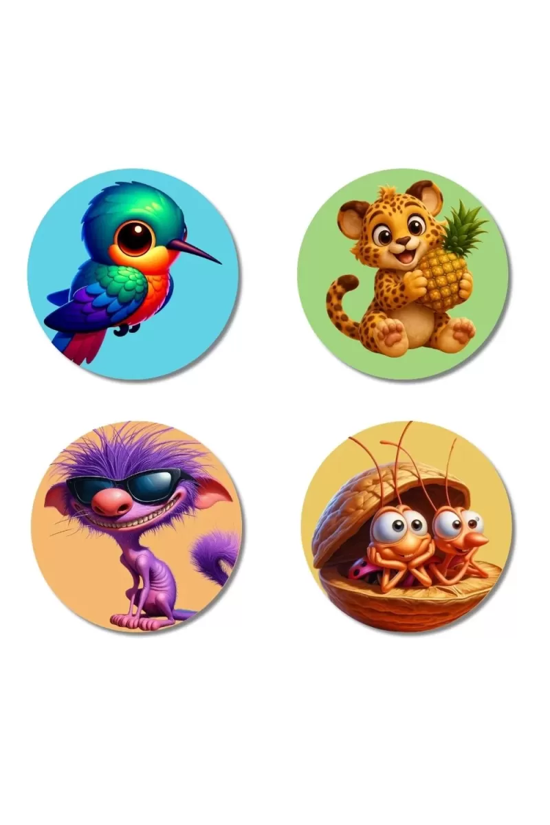 Hummingbird, Leopard, Purple Creature, And Hermit Crabs. Fridge Magnets Ã¢â‚¬â€œ 4 Piece Set | 3 Inch Round Wall Fridge Decor (F22937)