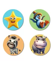 Starfish, Penguin, Zebra, And Hippo. Fridge Magnets Ã¢â‚¬â€œ 4 Piece Set | 3 Inch Round Wall Fridge Decor (F22938)