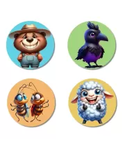 Bear, Crow, Cockroaches, And Sheep. Fridge Magnets  4 Piece Set | 3 Inch Round Wall Fridge Decor (F22939)