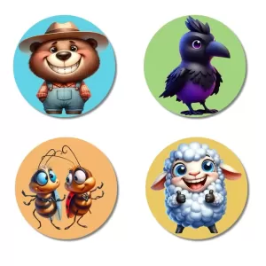 Bear, Crow, Cockroaches, And Sheep. Fridge Magnets – 4 Piece Set | 3 Inch Round Wall Fridge Decor (F22939) Bear, Crow, Cockroaches, And Sheep. Fridge Magnets – 4 Piece Set | 3 Inch Round Wall Fridge Decor (F22939)