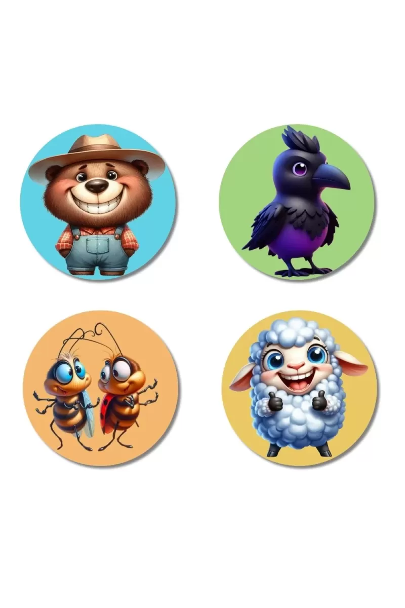 Bear, Crow, Cockroaches, And Sheep. Fridge Magnets Ã¢â‚¬â€œ 4 Piece Set | 3 Inch Round Wall Fridge Decor (F22939)