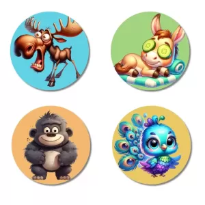 Moose, Donkey, Gorilla, And Peacock. Fridge Magnets – 4 Piece Set | 3 Inch Round Wall Fridge Decor (F22940) Moose, Donkey, Gorilla, And Peacock. Fridge Magnets – 4 Piece Set | 3 Inch Round Wall Fridge Decor (F22940)