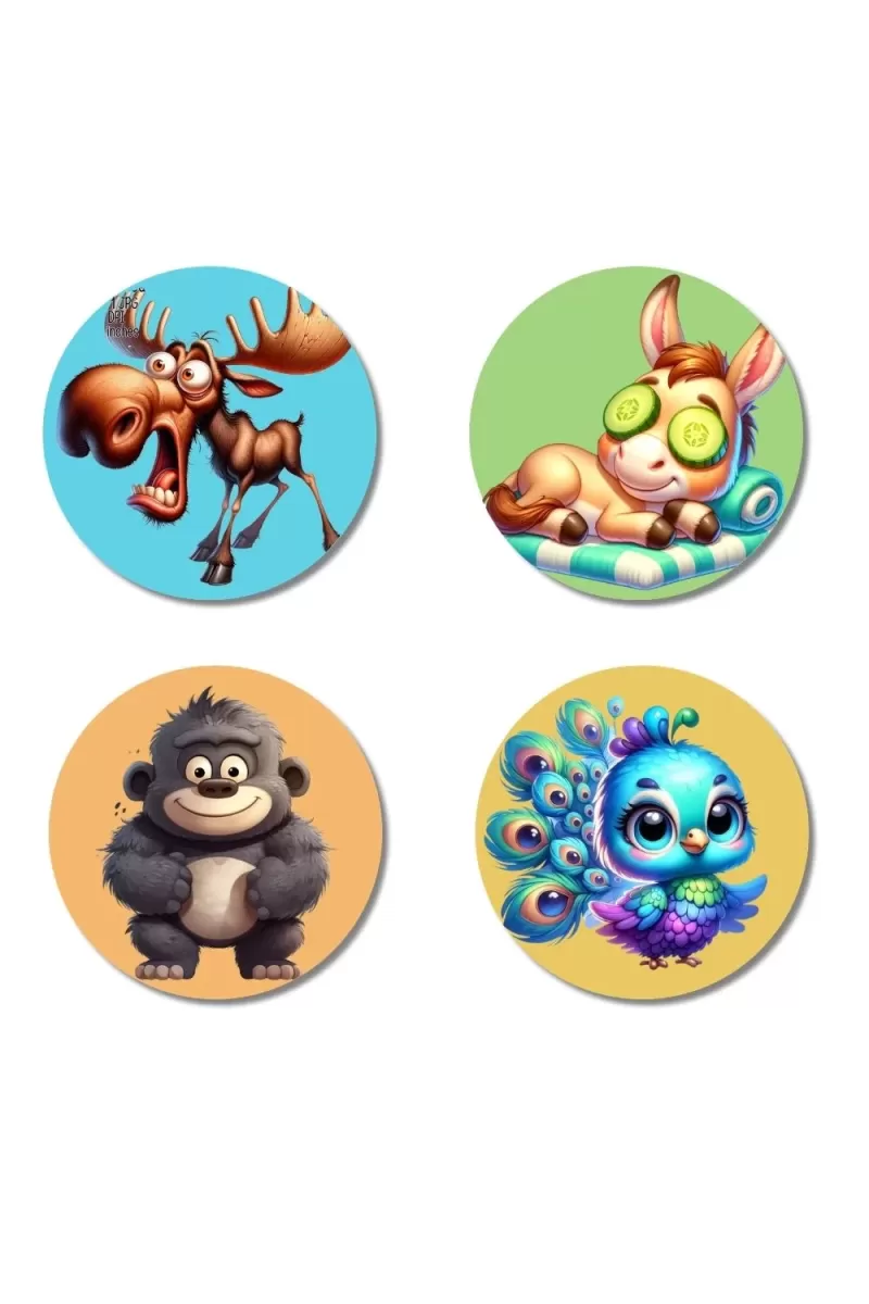 Moose, Donkey, Gorilla, And Peacock. Fridge Magnets Ã¢â‚¬â€œ 4 Piece Set | 3 Inch Round Wall Fridge Decor (F22940)