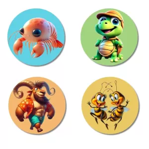 Shrimp, Turtle, Ibex, And Bees. Fridge Magnets Ã¢â‚¬â€œ 4 Piece Set | 3 Inch Round Wall Fridge Decor (F22941)