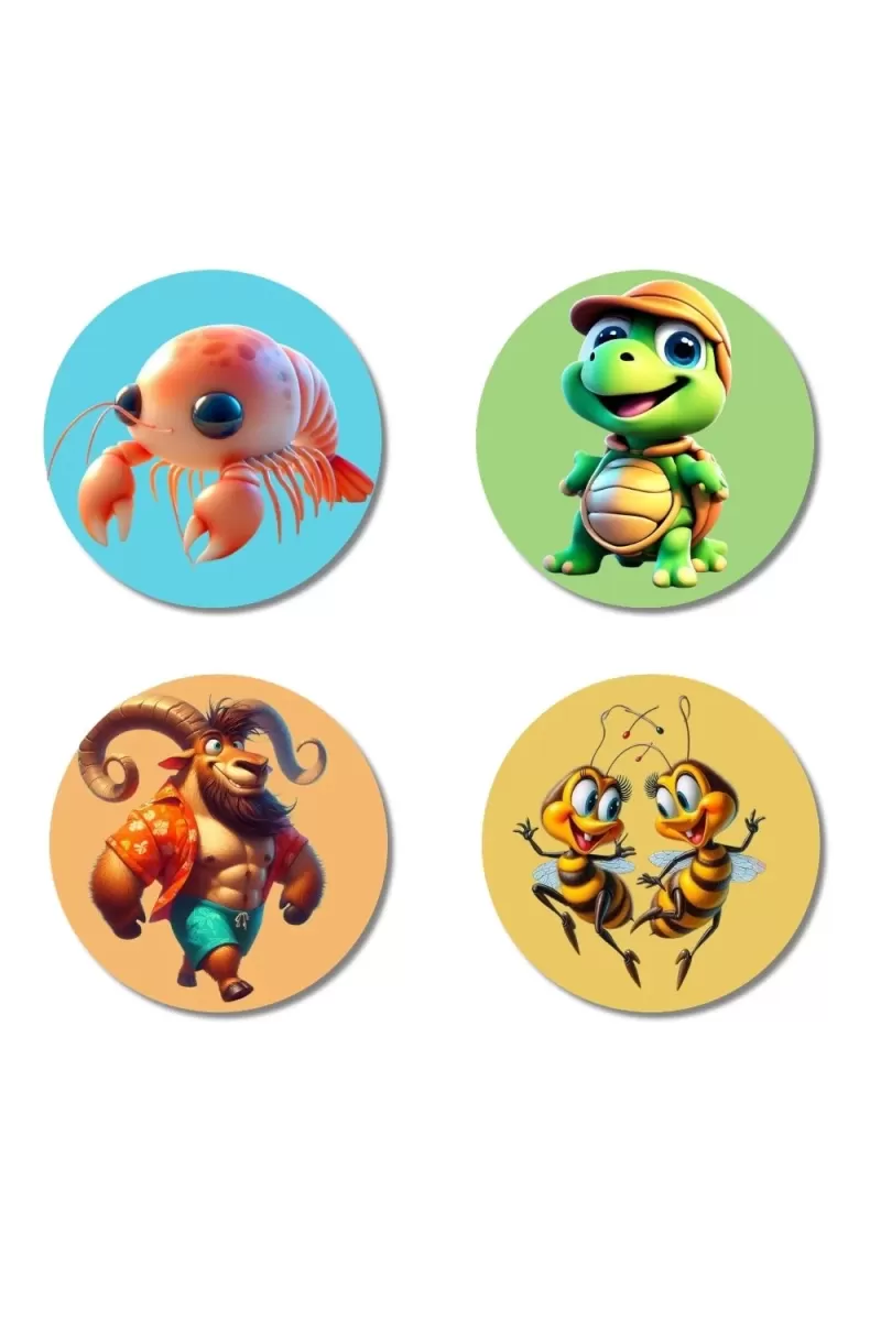 Shrimp, Turtle, Ibex, And Bees. Fridge Magnets Ã¢â‚¬â€œ 4 Piece Set | 3 Inch Round Wall Fridge Decor (F22941)