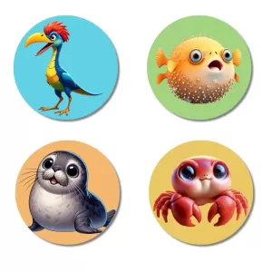 Bird, Pufferfish, Seal, And Crab. Fridge Magnets – 4 Piece Set | 3 Inch Round Wall Fridge Decor (F22942) Bird, Pufferfish, Seal, And Crab. Fridge Magnets – 4 Piece Set | 3 Inch Round Wall Fridge Decor (F22942)