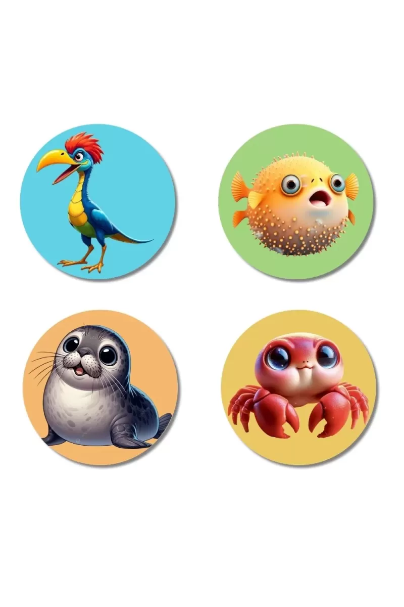 Bird, Pufferfish, Seal, And Crab. Fridge Magnets Ã¢â‚¬â€œ 4 Piece Set | 3 Inch Round Wall Fridge Decor (F22942)