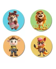 Wombat, Lion, Cow, And Fox. Fridge Magnets Ã¢â‚¬â€œ 4 Piece Set | 3 Inch Round Wall Fridge Decor (F22944)