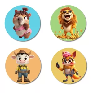 Wombat, Lion, Cow, And Fox. Fridge Magnets Ã¢â‚¬â€œ 4 Piece Set | 3 Inch Round Wall Fridge Decor (F22944)