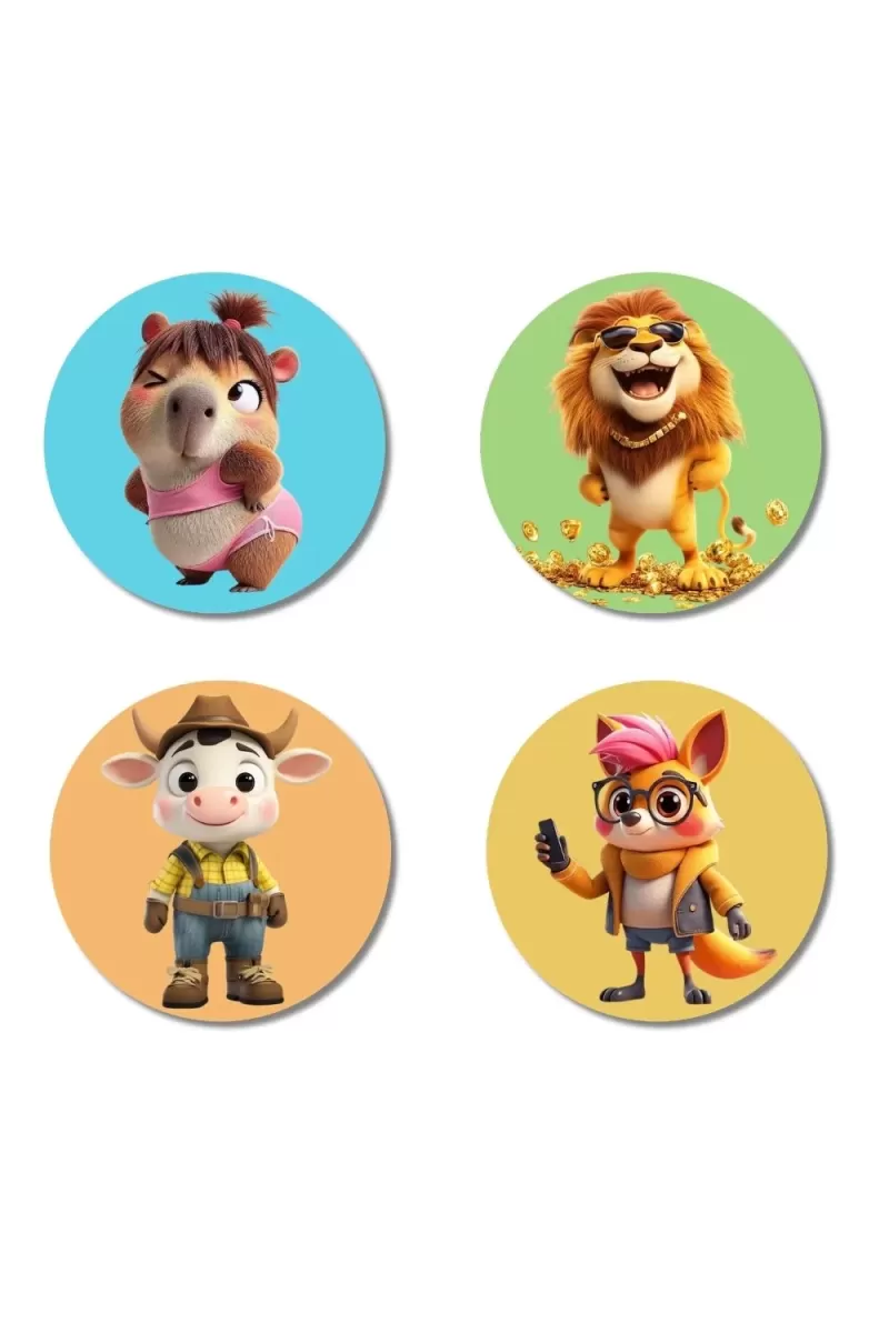Wombat, Lion, Cow, And Fox. Fridge Magnets Ã¢â‚¬â€œ 4 Piece Set | 3 Inch Round Wall Fridge Decor (F22944)