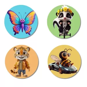 Butterfly, Skunk, Tiger, And Bee. Fridge Magnets Ã¢â‚¬â€œ 4 Piece Set | 3 Inch Round Wall Fridge Decor (F22945)