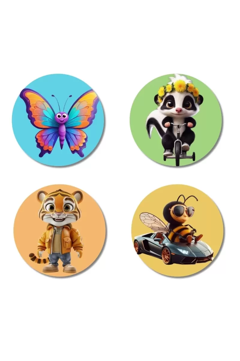 Butterfly, Skunk, Tiger, And Bee. Fridge Magnets Ã¢â‚¬â€œ 4 Piece Set | 3 Inch Round Wall Fridge Decor (F22945)