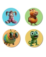 Donkey, Capybara, Caterpillar, And Chameleon. Fridge Magnets Ã¢â‚¬â€œ 4 Piece Set | 3 Inch Round Wall Fridge Decor (F22946)