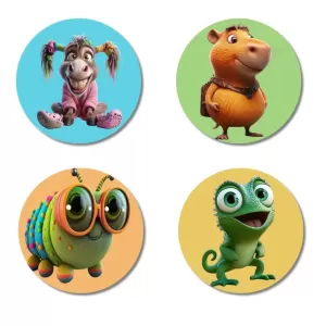 Donkey, Capybara, Caterpillar, And Chameleon. Fridge Magnets Ã¢â‚¬â€œ 4 Piece Set | 3 Inch Round Wall Fridge Decor (F22946)