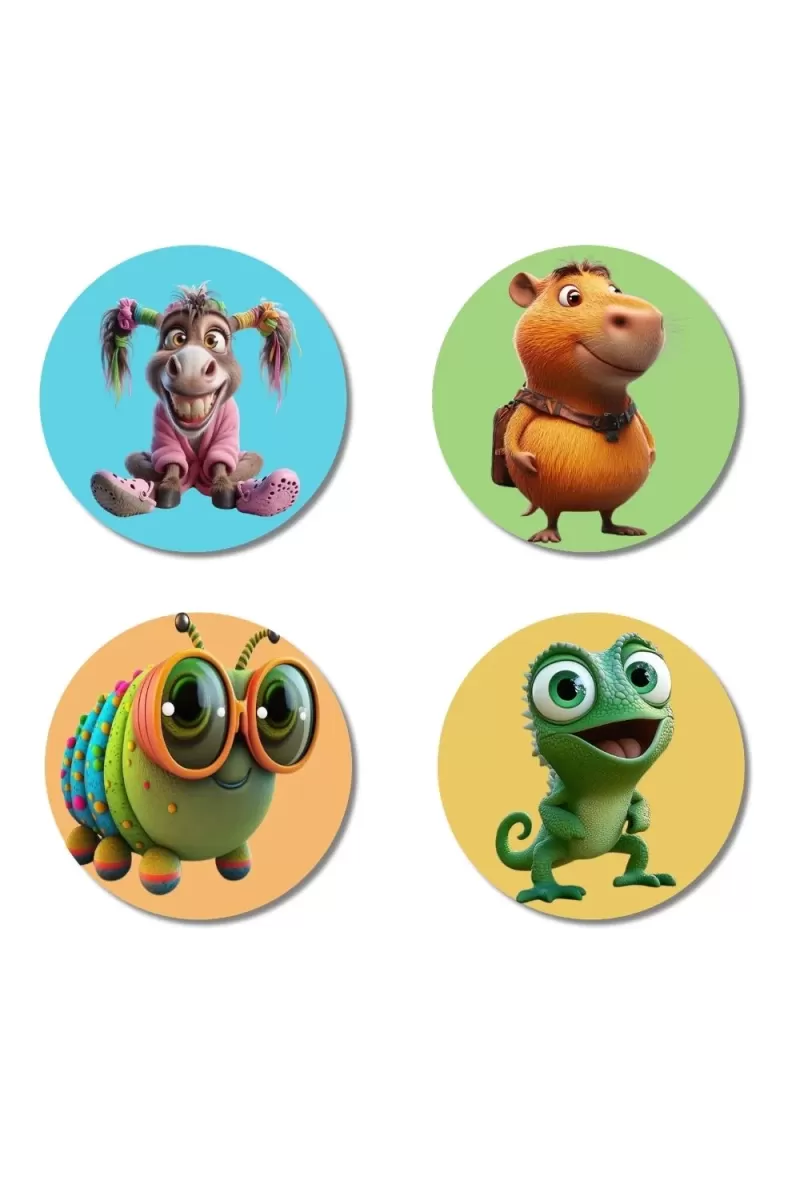 Donkey, Capybara, Caterpillar, And Chameleon. Fridge Magnets Ã¢â‚¬â€œ 4 Piece Set | 3 Inch Round Wall Fridge Decor (F22946)