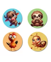 Buffalo, Sloth, Bird, And Ant. Fridge Magnets Ã¢â‚¬â€œ 4 Piece Set | 3 Inch Round Wall Fridge Decor (F22947)