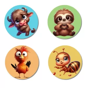Buffalo, Sloth, Bird, And Ant. Fridge Magnets Ã¢â‚¬â€œ 4 Piece Set | 3 Inch Round Wall Fridge Decor (F22947)