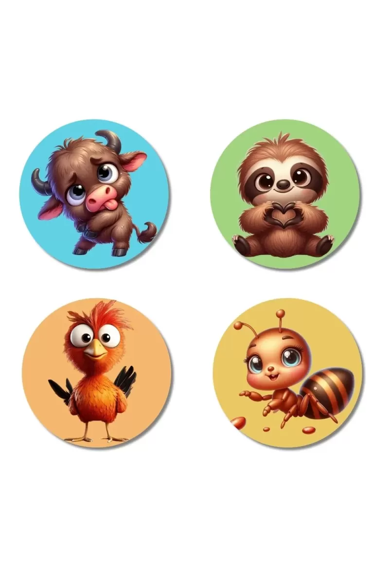 Buffalo, Sloth, Bird, And Ant. Fridge Magnets Ã¢â‚¬â€œ 4 Piece Set | 3 Inch Round Wall Fridge Decor (F22947)