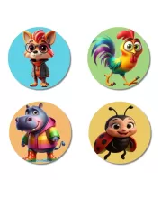 Fox, Rooster, Hippo, And Ladybug. Fridge Magnets Ã¢â‚¬â€œ 4 Piece Set | 3 Inch Round Wall Fridge Decor (F22948)