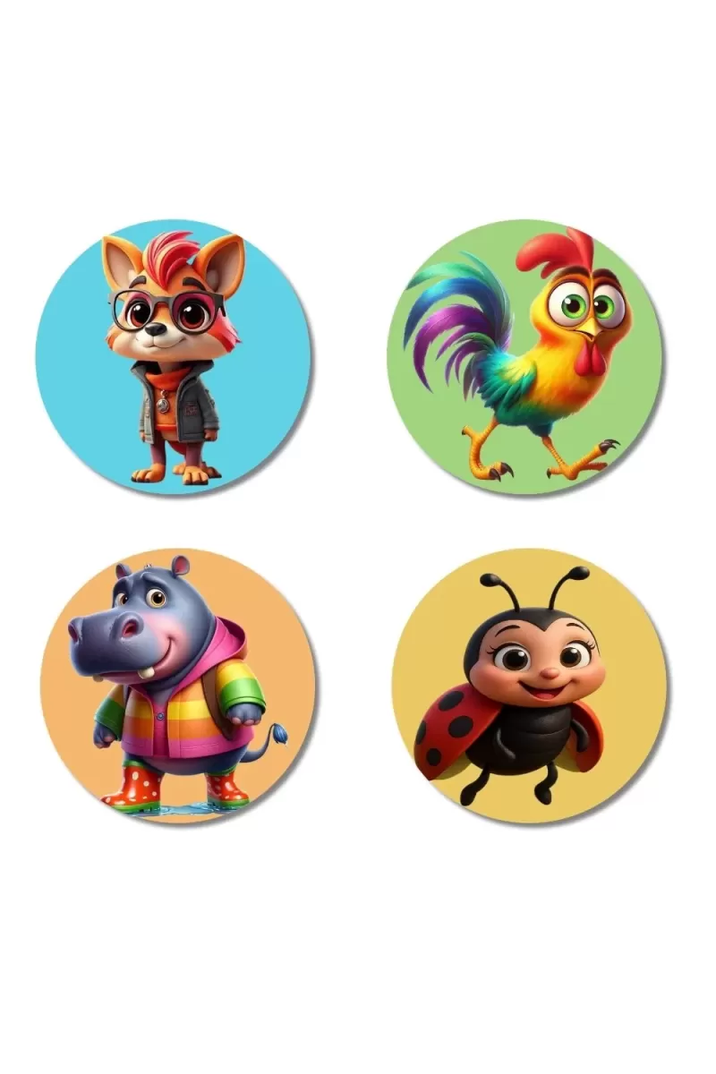 Fox, Rooster, Hippo, And Ladybug. Fridge Magnets Ã¢â‚¬â€œ 4 Piece Set | 3 Inch Round Wall Fridge Decor (F22948)