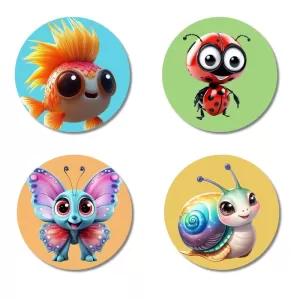 Goldfish, Ladybug, Butterfly, And Snail. Fridge Magnets – 4 Piece Set | 3 Inch Round Wall Fridge Decor (F22949) Goldfish, Ladybug, Butterfly, And Snail. Fridge Magnets – 4 Piece Set | 3 Inch Round Wall Fridge Decor (F22949)