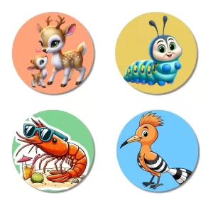 Deer, Caterpillar, Shrimp, And Hoopoe. Fridge Magnets – 4 Piece Set | 3 Inch Round Wall Fridge Decor (F22959) Deer, Caterpillar, Shrimp, And Hoopoe. Fridge Magnets – 4 Piece Set | 3 Inch Round Wall Fridge Decor (F22959)
