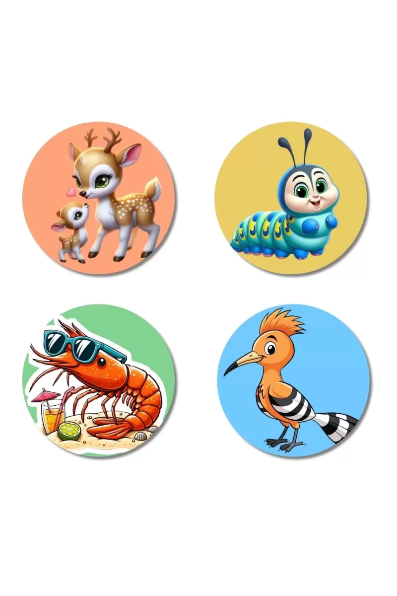 Deer, Caterpillar, Shrimp, And Hoopoe. Fridge Magnets Ã¢â‚¬â€œ 4 Piece Set | 3 Inch Round Wall Fridge Decor (F22959)