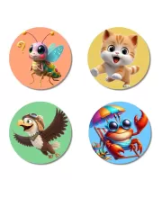 Monkey, Pigeon, Turtle, And Ladybug. Fridge Magnets Ã¢â‚¬â€œ 4 Piece Set | 3 Inch Round Wall Fridge Decor (F22960)