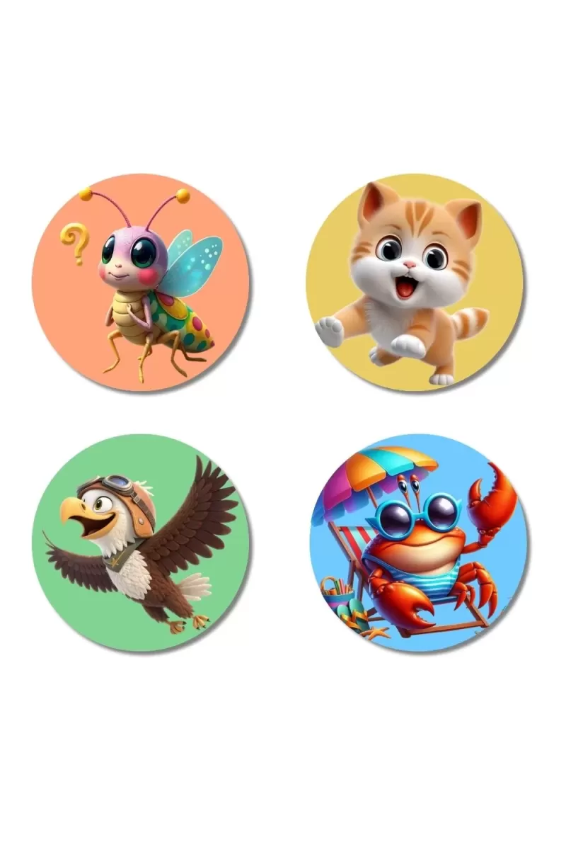 Monkey, Pigeon, Turtle, And Ladybug. Fridge Magnets Ã¢â‚¬â€œ 4 Piece Set | 3 Inch Round Wall Fridge Decor (F22960)